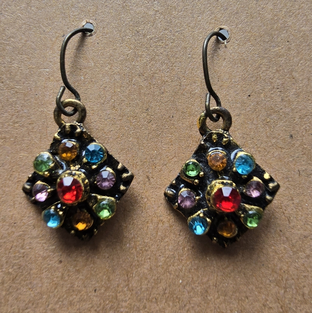 Vintage Boho Multicolor Rhinestone Dangle Earrings | Colorful Retro Earrings